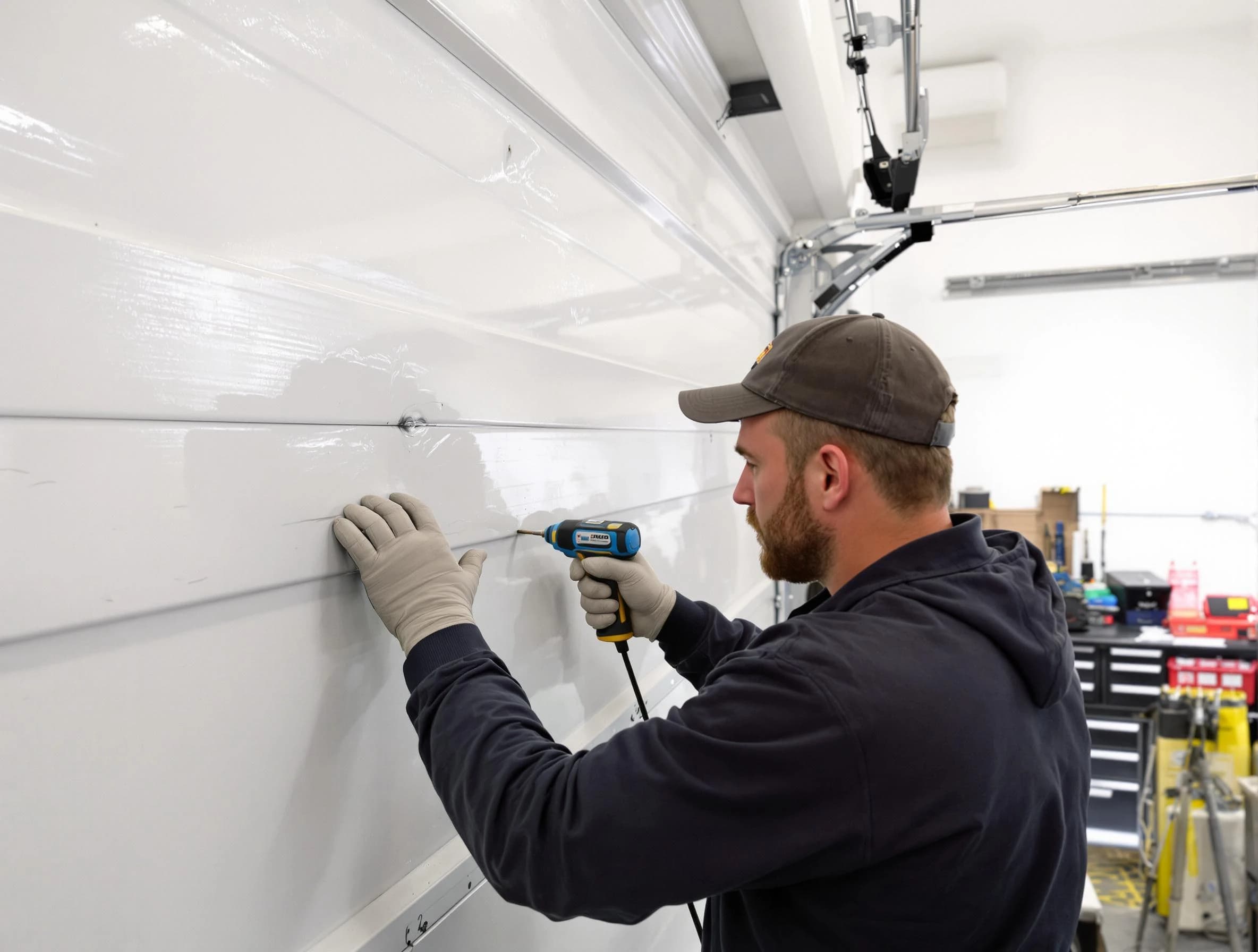 Fairfield Plantation Garage Door Repair technician demonstrating precision dent removal techniques on a Fairfield Plantation garage door